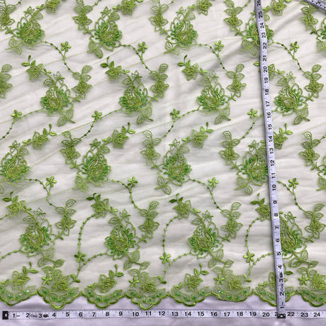 1 Yard Beaded and Corded Bridal Lace Fabric Embroidered on Polyester Net Mesh for Elegant Wedding Gowns – 50"