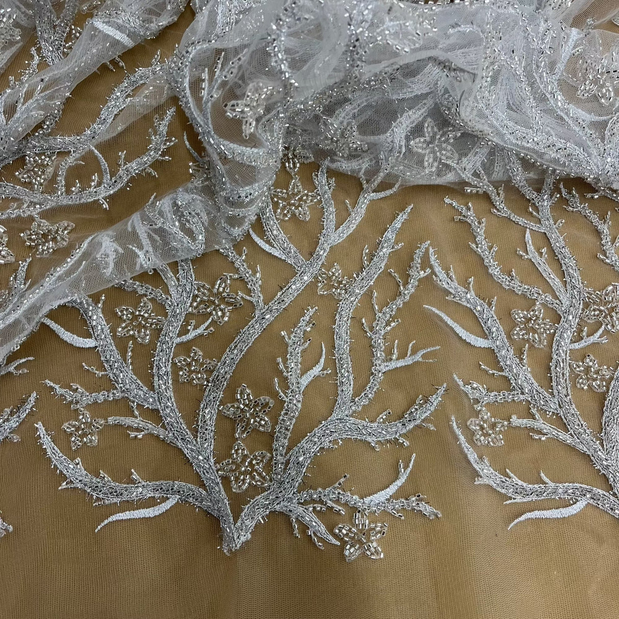 Beaded Lace Fabric Embroidered With Fuzzy Thread