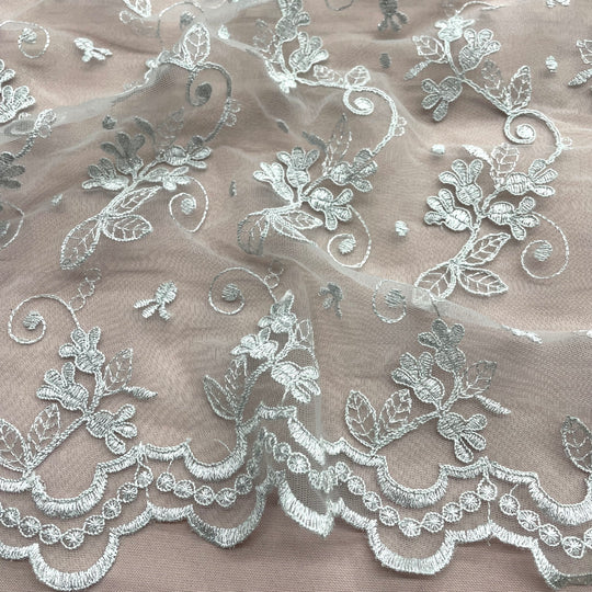 1 Yard Corded Bridal Lace Fabric Embroidered on Polyester Net Mesh for Elegant Wedding and Evening Gowns – 54"