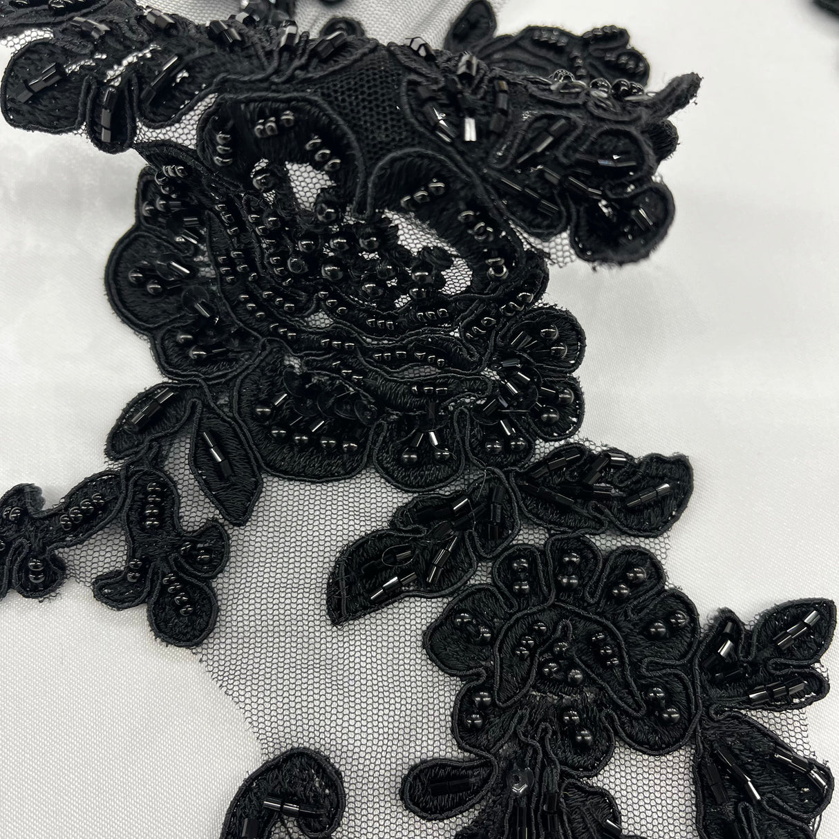 Beaded Corded Floral Lace Applique 100% Polyester Net Mesh