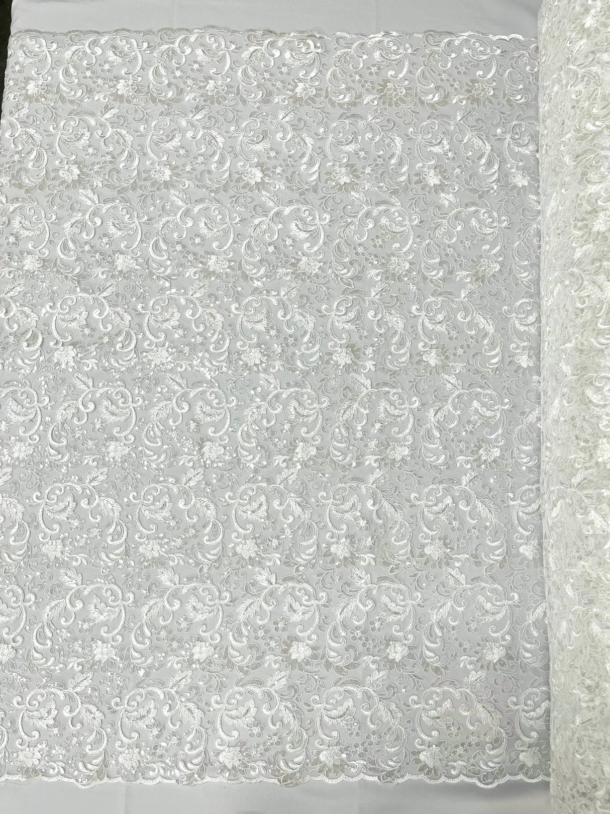 Angela Metallic Corded Lace Fabric - Embroidered Sequins Mesh Lace, Double Scallop Edge, 50-54" Width (1 Yard)