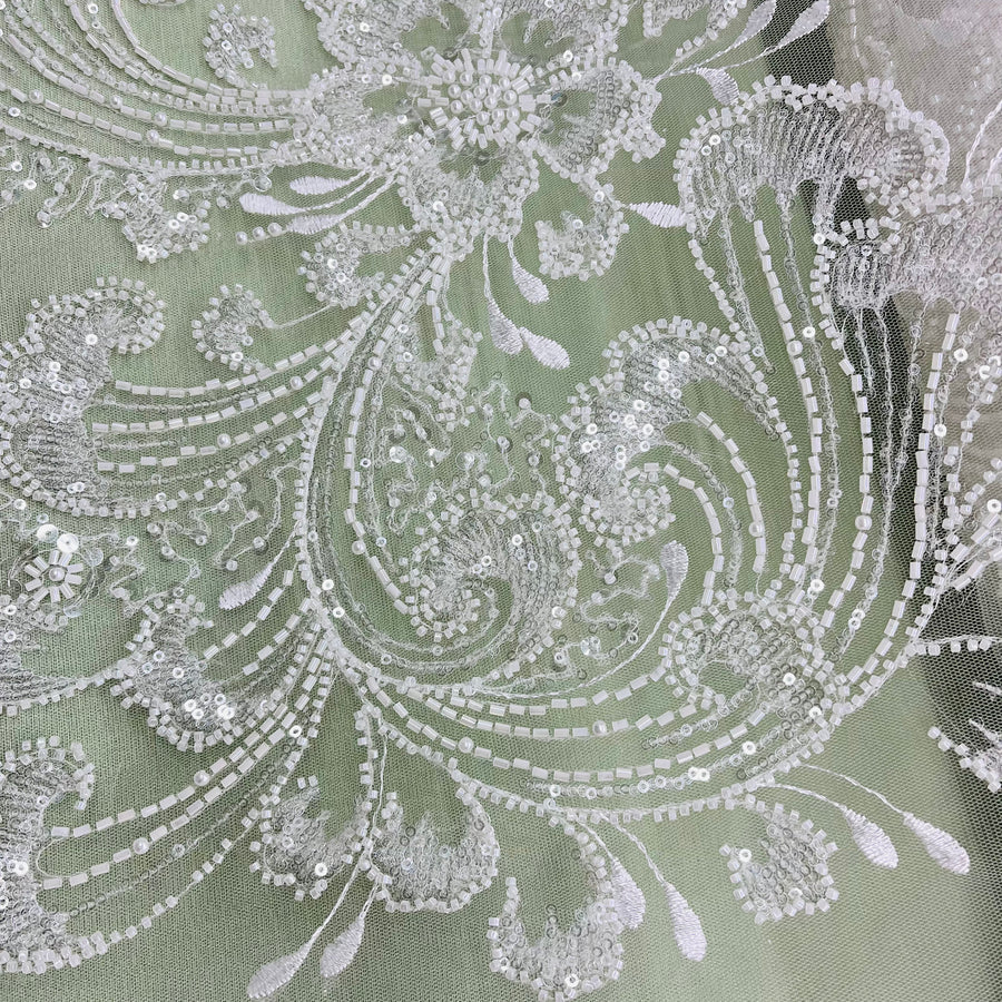 1 Yard Exquisite Beaded Lace Fabric Embroidered on Polyester Net Mesh White Ivory and Blush