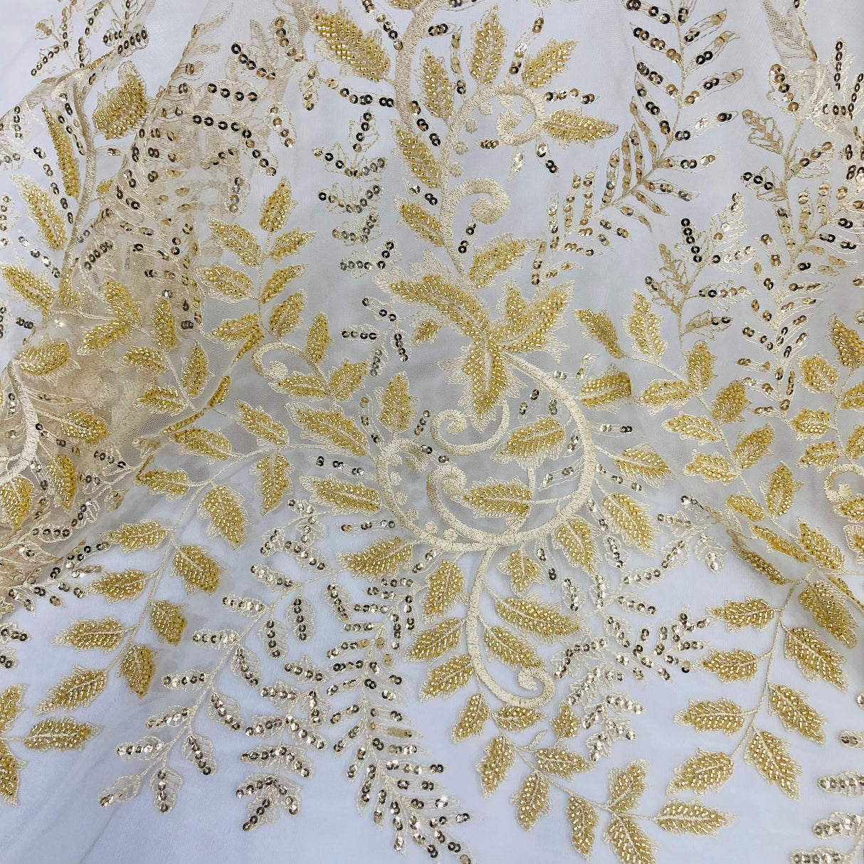 Beaded Sequined Lace Fabric on Polyester Net Mesh