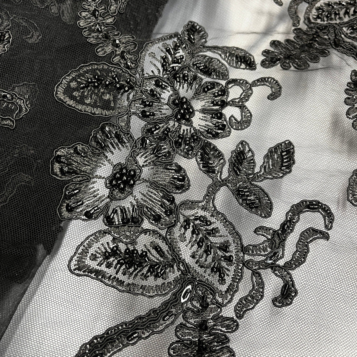 Beaded Corded Lace Fabric on Polyester Net Mesh