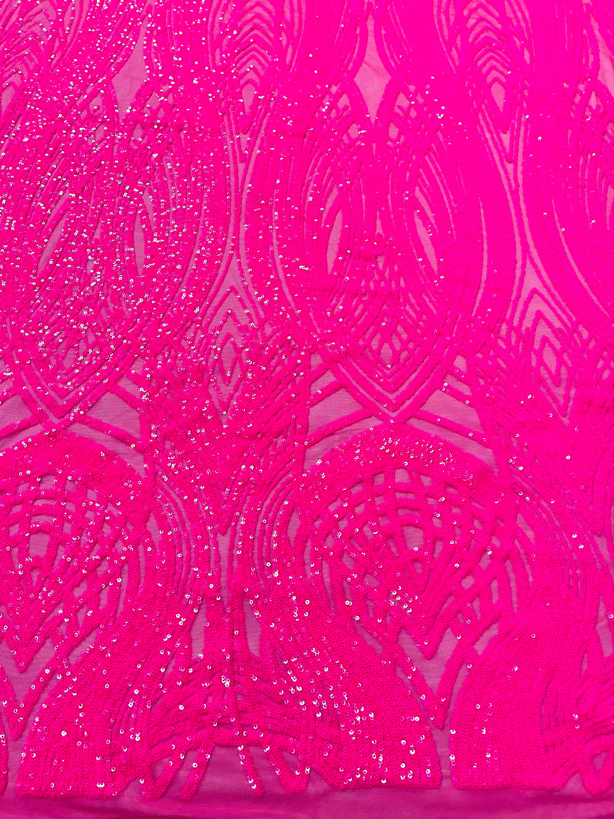 Feather Damask Shiny Sequin Design 4 Way Stretch Mesh Fabric - Iridescent Sequin Embroidered Mesh, 48-50" Width, 36" Length (1 Yard)