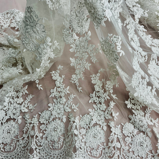 1 Yard Beaded Corded Bridal Lace Fabric Embroidered 100 Percent Polyester Net Mesh 53 inch Width