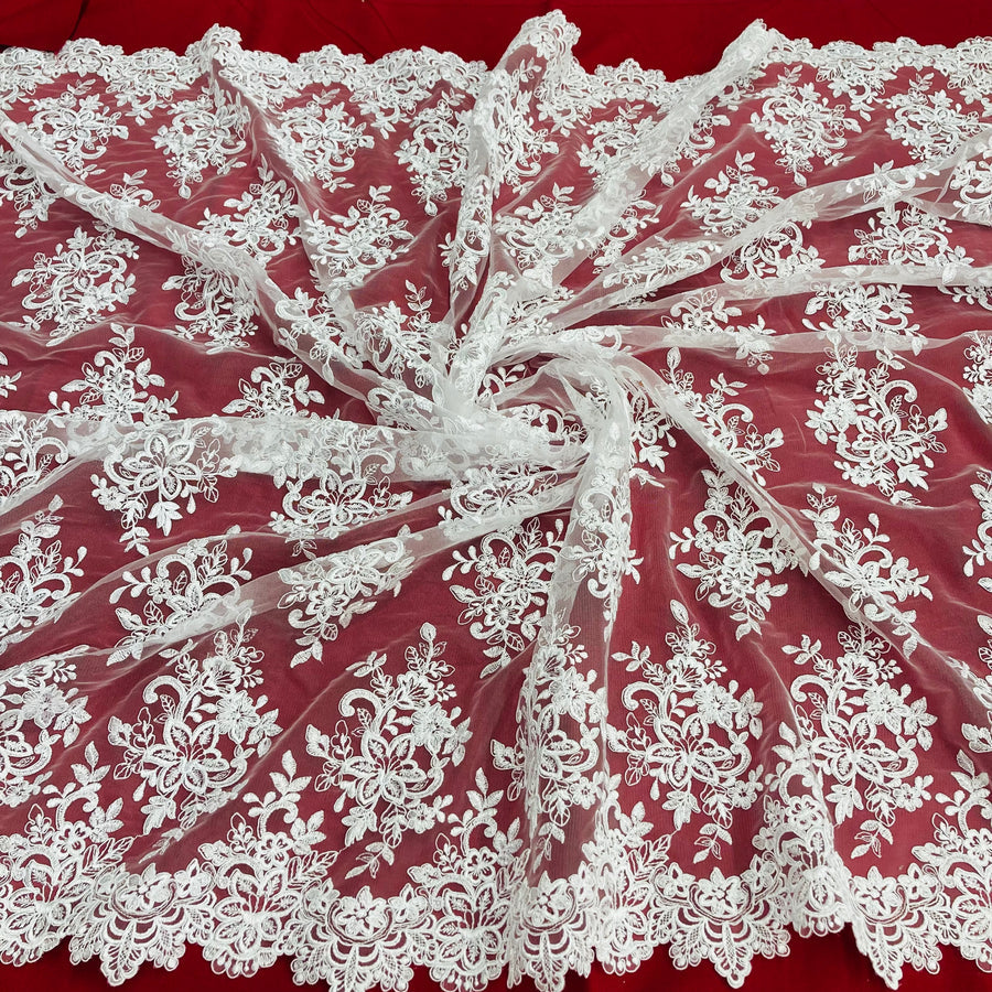 1 Yard - Corded Bridal Lace Fabric Embroidered on 100% Polyester Net Mesh - 54"