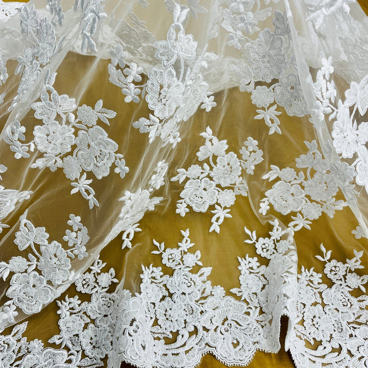 1 Yard Stunning Beaded and Corded Bridal Lace Fabric Embroidered on 100% Polyester Net Mesh White