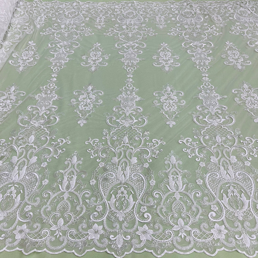 1 Yard Beaded and Sequined Lace Fabric Embroidered on Polyester Net Mesh White and Ivory