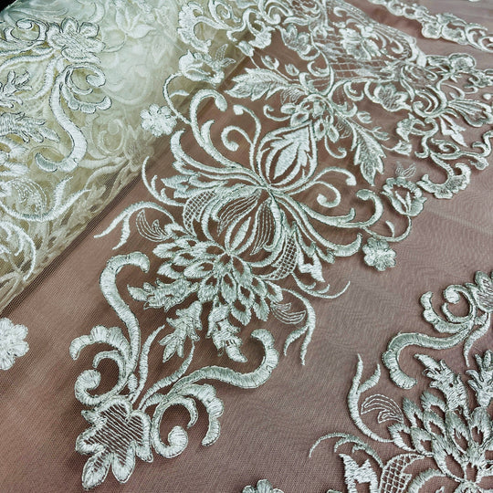 1 Yard Elegant Corded Bridal Lace Fabric Embroidered on Polyester Net Mesh
