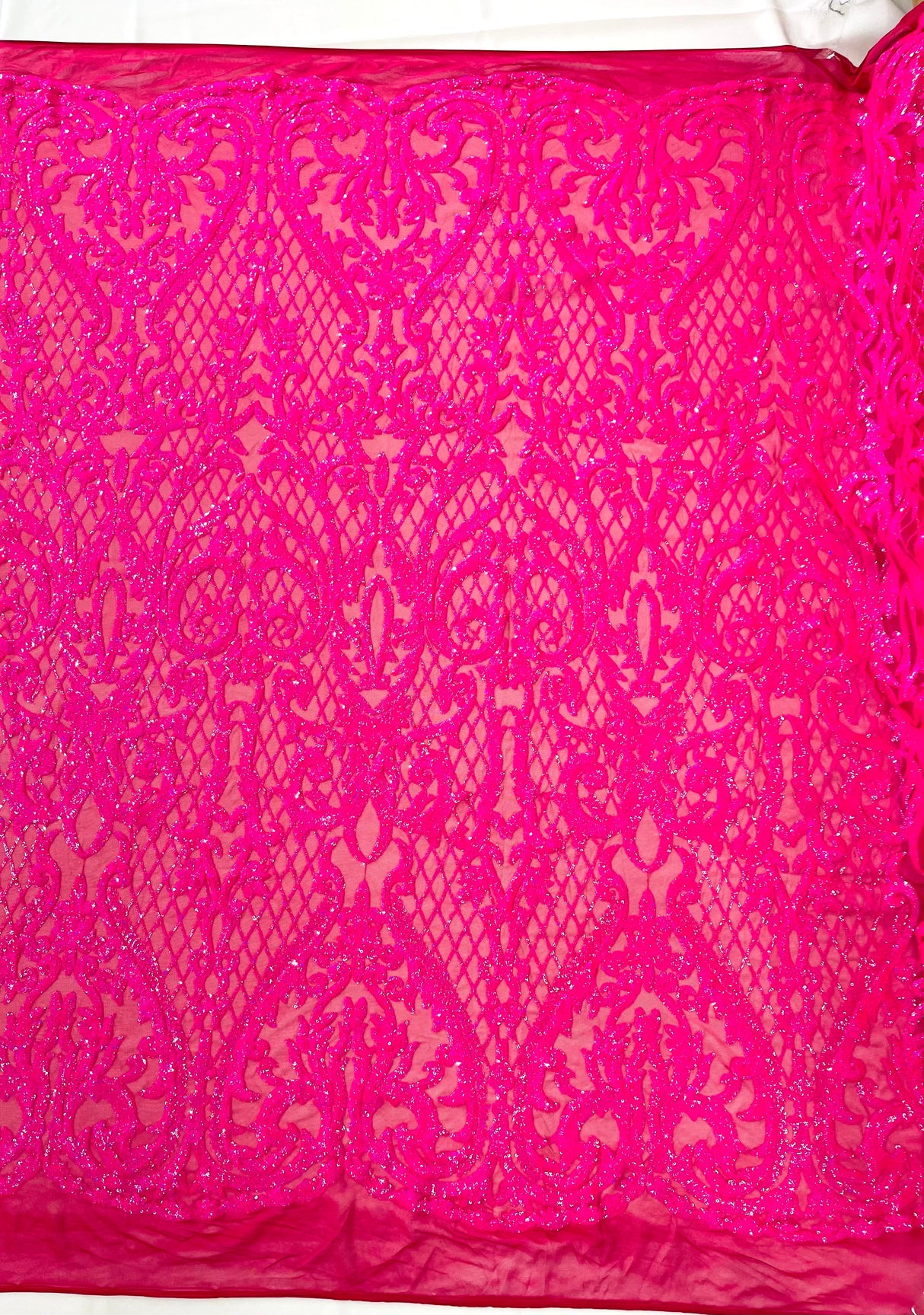 Heart Sequin Damask Polyester Fabric - Heart Damask, Iridescent Sequins, 54" Width (1 Yard)