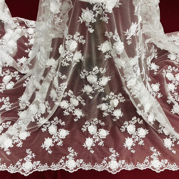 1 Yard Beaded 3D Floral Lace Fabric Embroidered on 100% Polyester Net Mesh White
