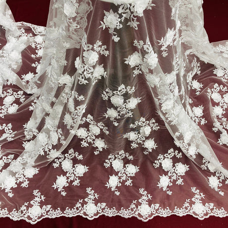 1 Yard Beaded 3D Floral Lace Fabric Embroidered on 100% Polyester Net Mesh White