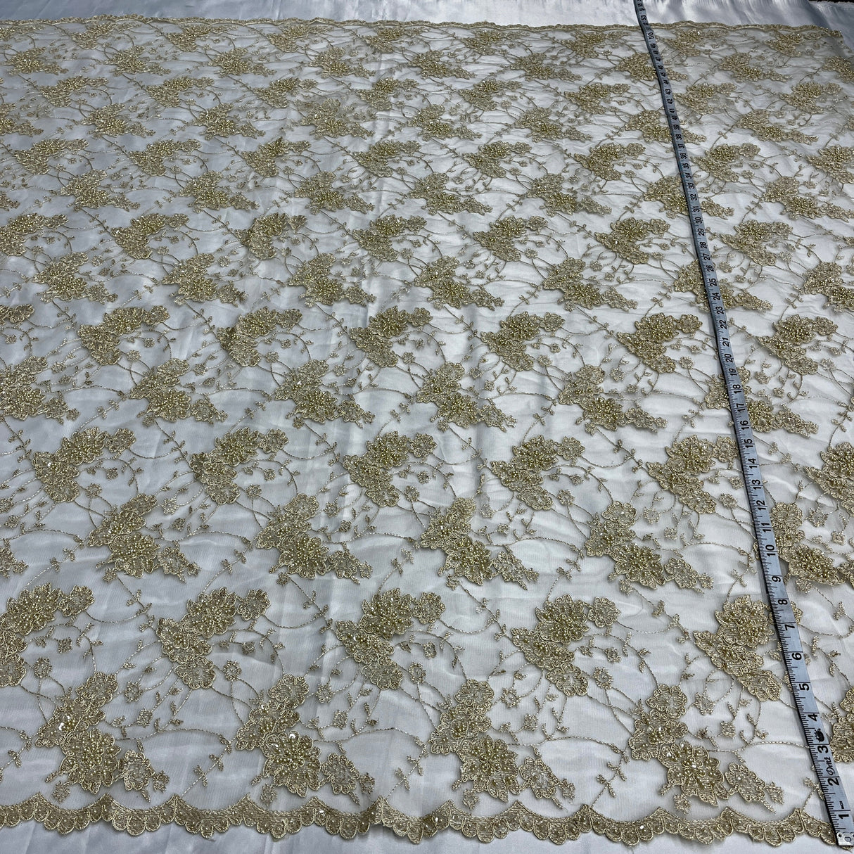 Beaded Corded Lace Fabric 100% Polyester Net Mesh 52"