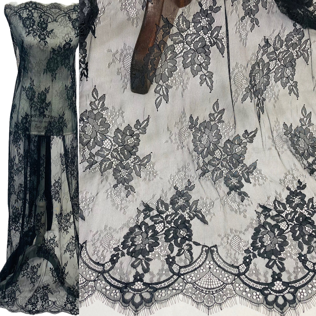 1 Panel Chantilly Embroidered Lace Fabric with Eyelash Scallop – White – 3 Yards x 52"