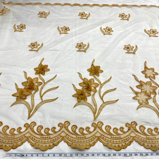 1 Yard Beaded 3D Floral Lace Fabric Embroidered on 100% Polyester Net Mesh Gold 52" Wide