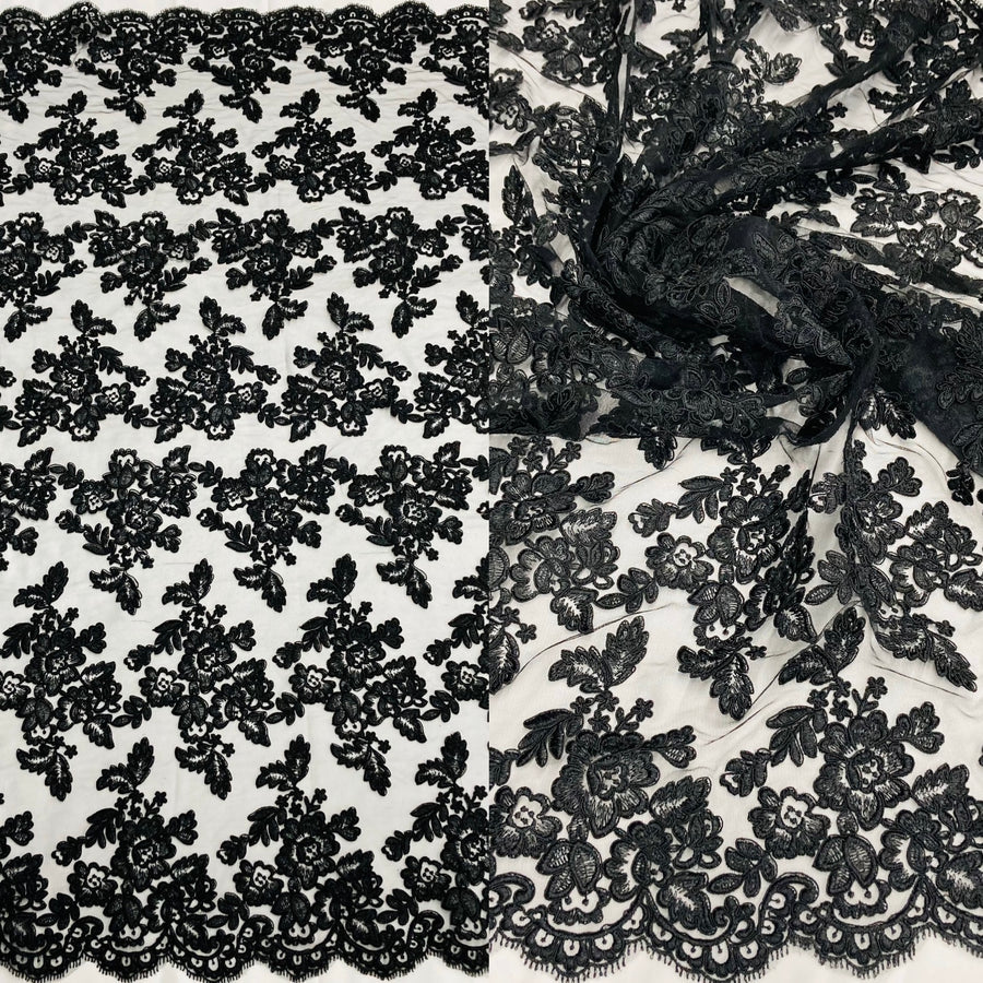 1 Yard - Corded Bridal Lace Fabric Embroidered on 100% Polyester Net Mesh - 51" Wide