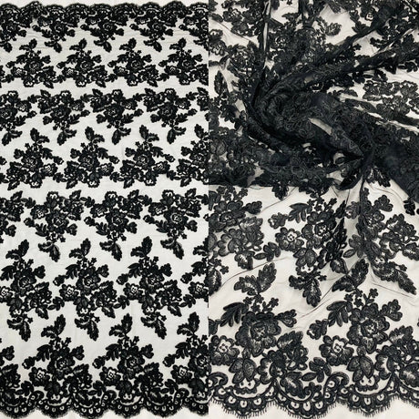 1 Yard - Corded Bridal Lace Fabric Embroidered on 100% Polyester Net Mesh - 51" Wide