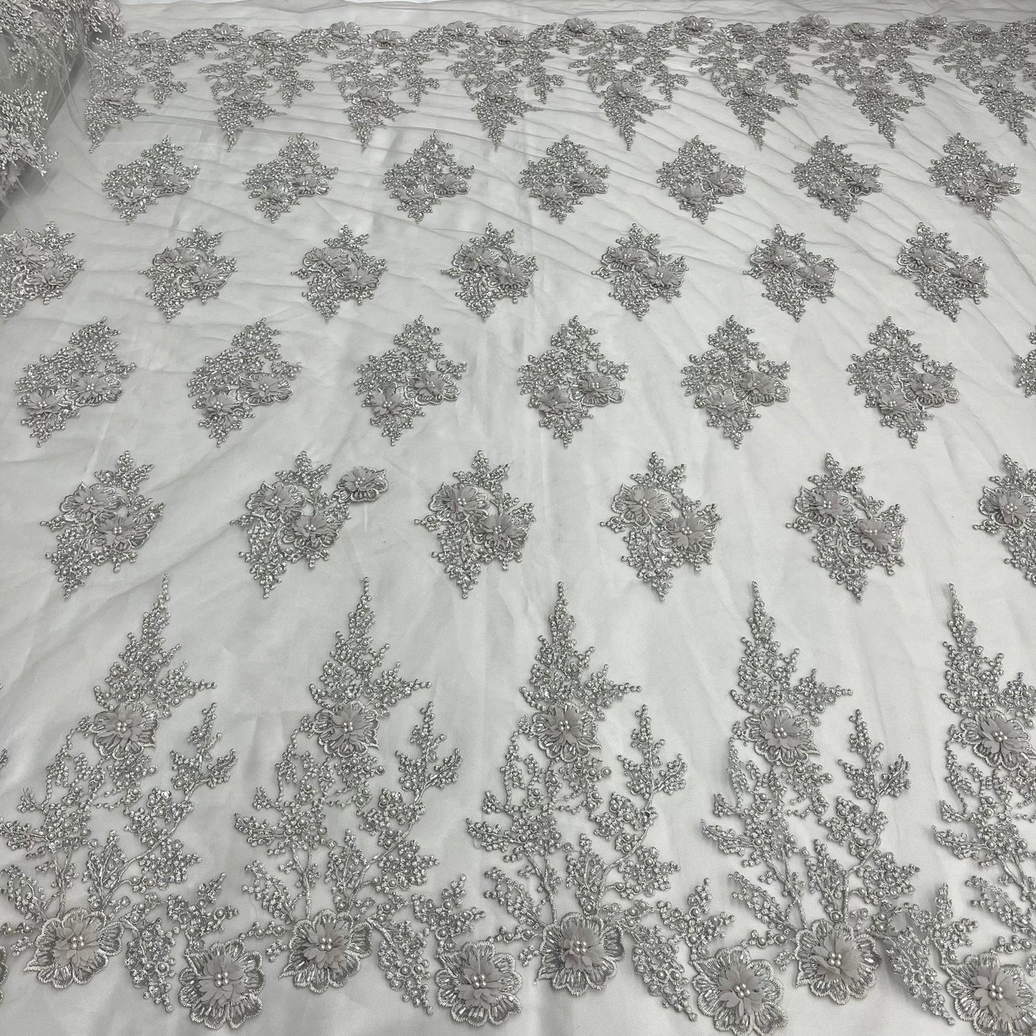 1 Yard Silver Beaded 3D Floral Lace Fabric Embroidered on Polyester Net Mesh Couture 52 Inch Width