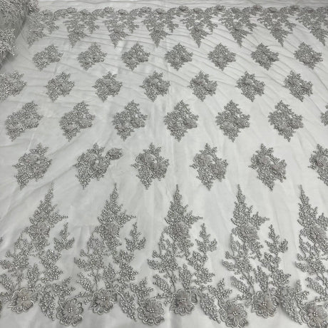 1 Yard Silver Beaded 3D Floral Lace Fabric Embroidered on Polyester Net Mesh Couture 52 Inch Width