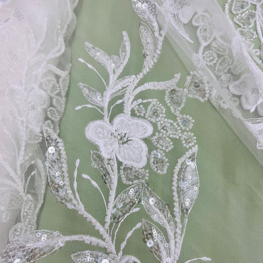 1 Yard Luxurious Beaded Lace Fabric Embroidered on Polyester Net Mesh