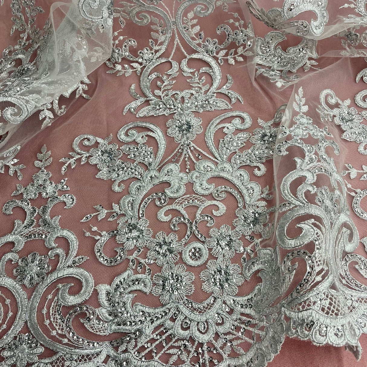 Ethereal Elegance Beaded Corded Bridal Embroidered Lace Polyester Fabric - White, Gold, Ivory, Silver, Rose Gold, 54" Width (1 Yard)