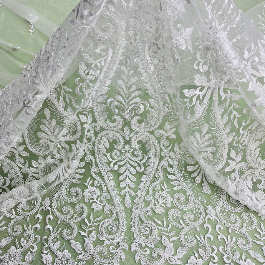 1 Yard Beaded Lace Fabric Embroidered on 100% Polyester Net Mesh | Ivory