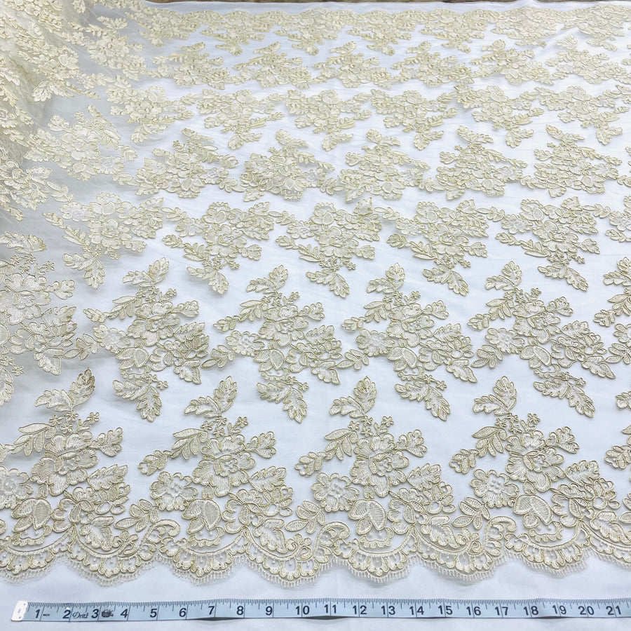 1 Yard - Corded Bridal Lace Fabric Embroidered on 100% Polyester Net Mesh - 51" Wide