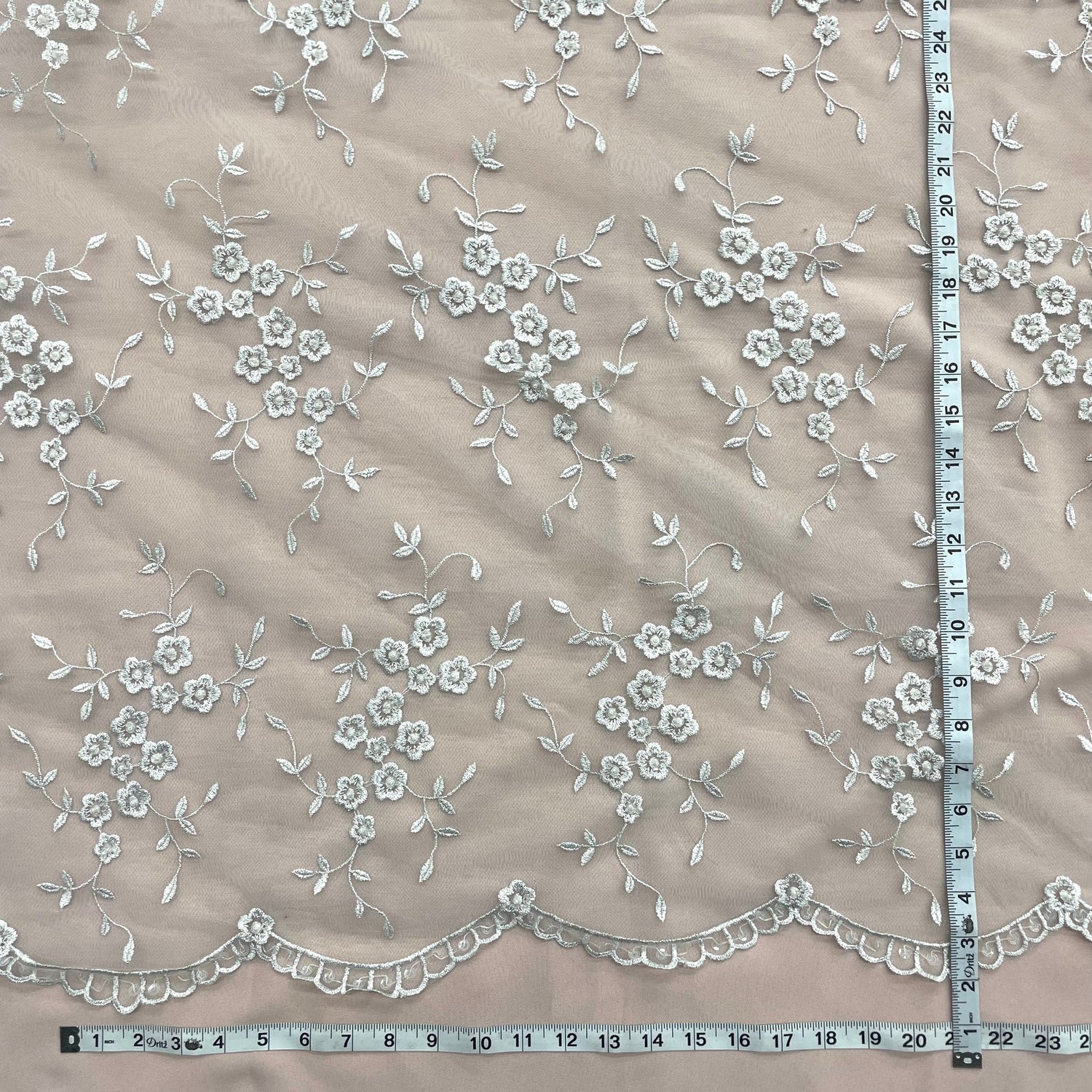 1 Yard Silver Beaded Lace Fabric Embroidered on Net Mesh for Wedding and Evening Gowns – 52"