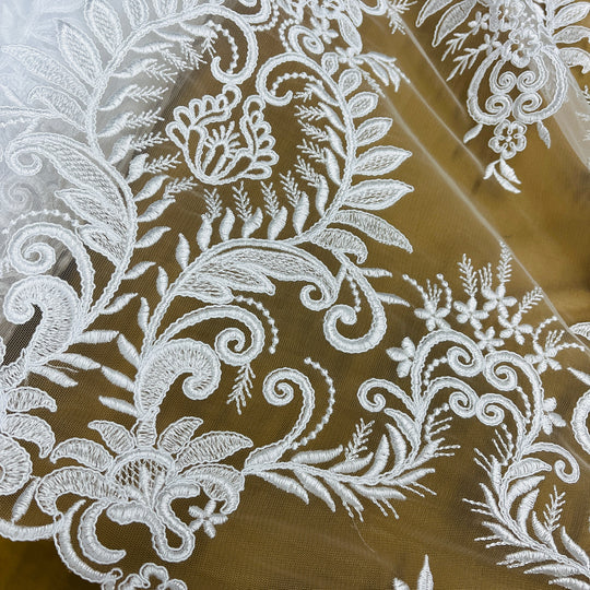1 Yard Corded Bridal Lace Fabric Embroidered on Polyester Net Mesh 52 inch Width