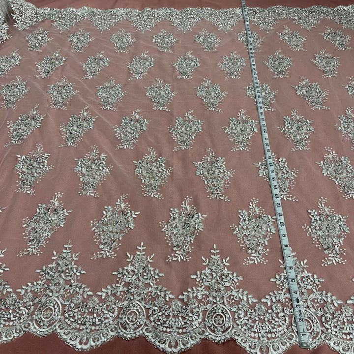 1 Yard Glamorous Beaded and Corded Lace Fabric Embroidered on 100% Polyester Net Mesh White