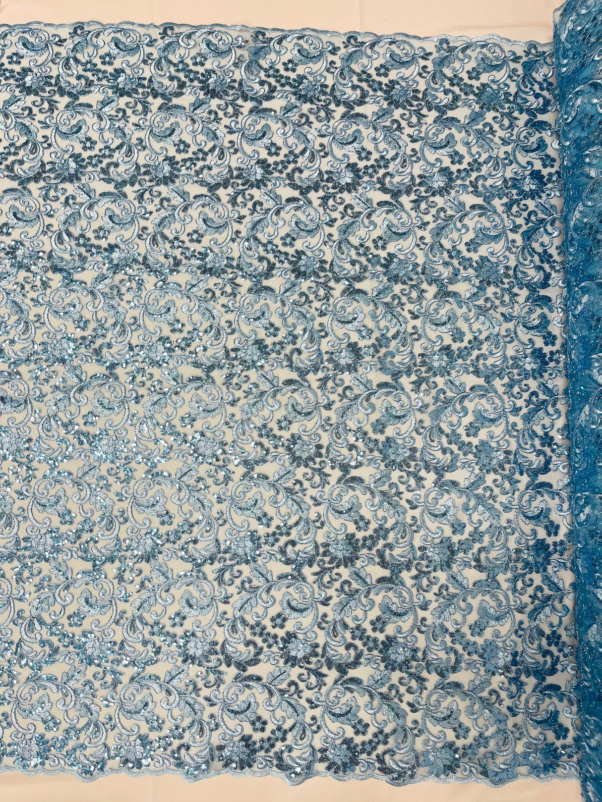 Angela Metallic Corded Lace Fabric - Embroidered Sequins Mesh Lace, Double Scallop Edge, 50-54" Width (1 Yard)