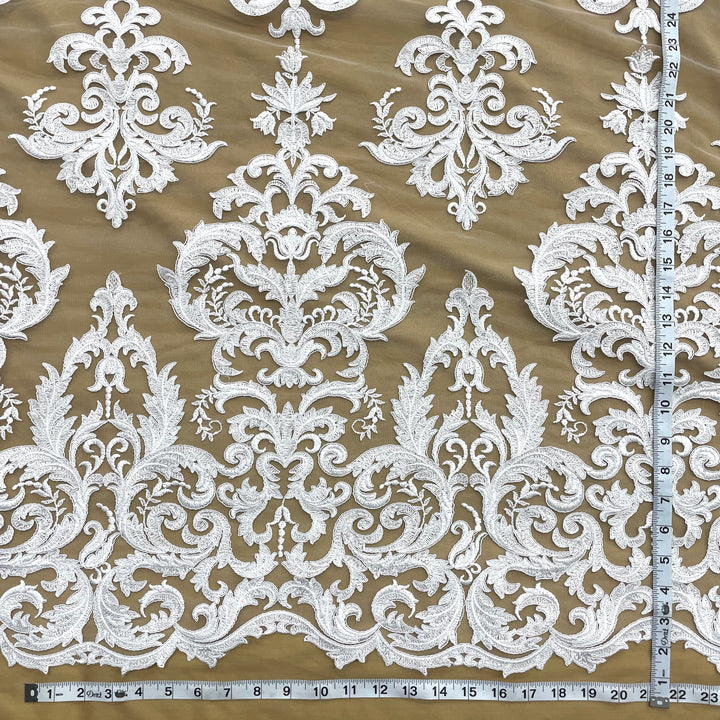 1 Yard Exquisite Corded Bridal Lace Fabric Embroidered on 100% Polyester Net Mesh White