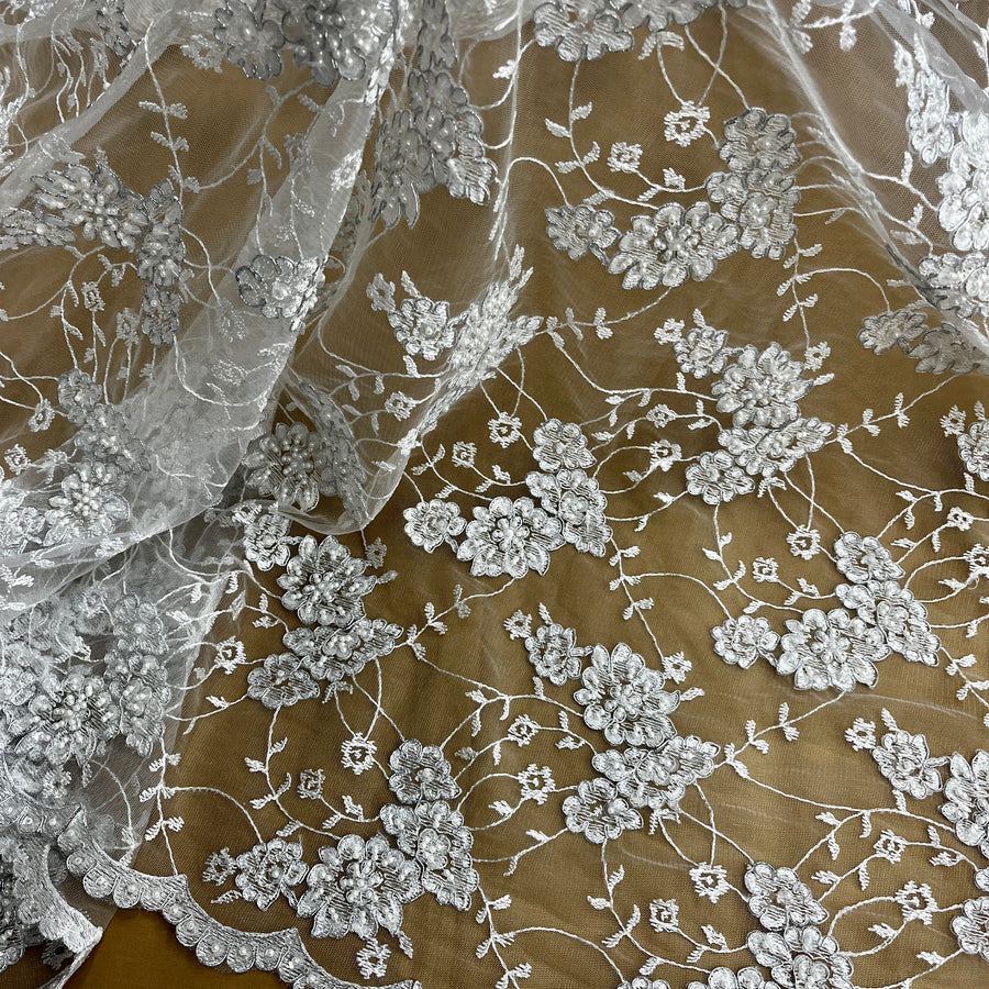 1 Yard Beaded and Corded Lace Fabric Embroidered on Polyester Net Mesh