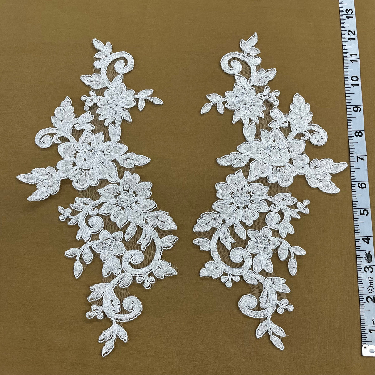 Beaded Corded Floral Lace Applique on Polyester Net Mesh