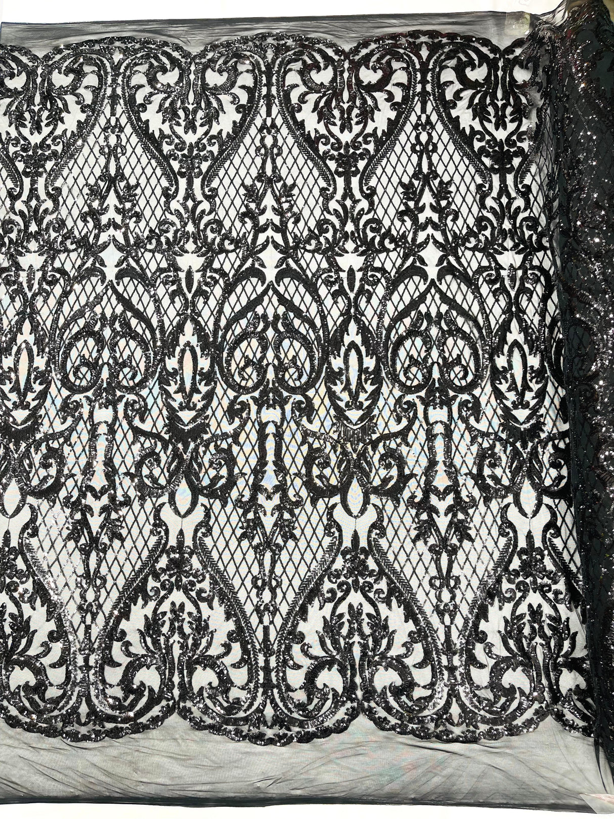 Heart Sequin Damask Polyester Fabric - Heart Damask, Iridescent Sequins, 54" Width (1 Yard)