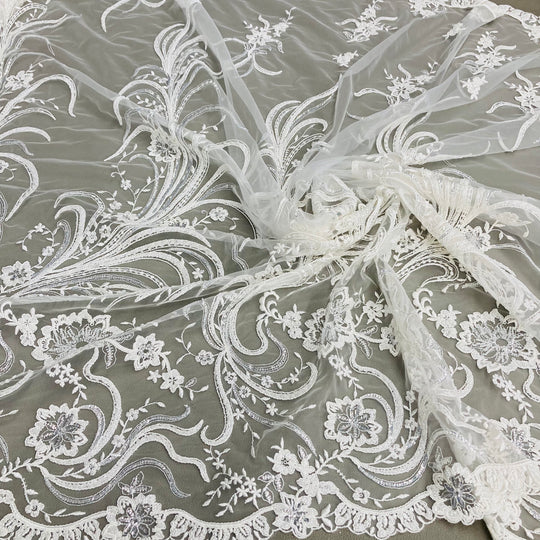 1 Yard Beaded Corded Bridal Lace Fabric Embroidered 100 Percent Polyester Net Mesh 52 inch Width