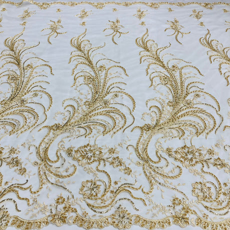 1 Yard Luxurious Beaded and Corded Bridal Lace Fabric Embroidered on 100% Polyester Net Mesh White