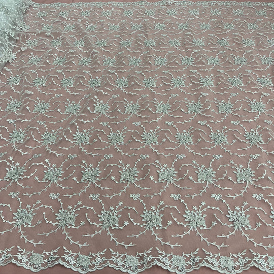 1 Yard Beaded Corded Bridal Lace Fabric Embroidered on 100 Percent Polyester Net Mesh Gold