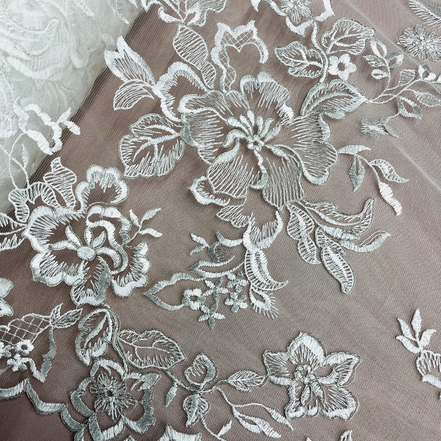 1 Yard - Corded Bridal Lace Fabric Embroidered on 100% Polyester Net Mesh - 53"