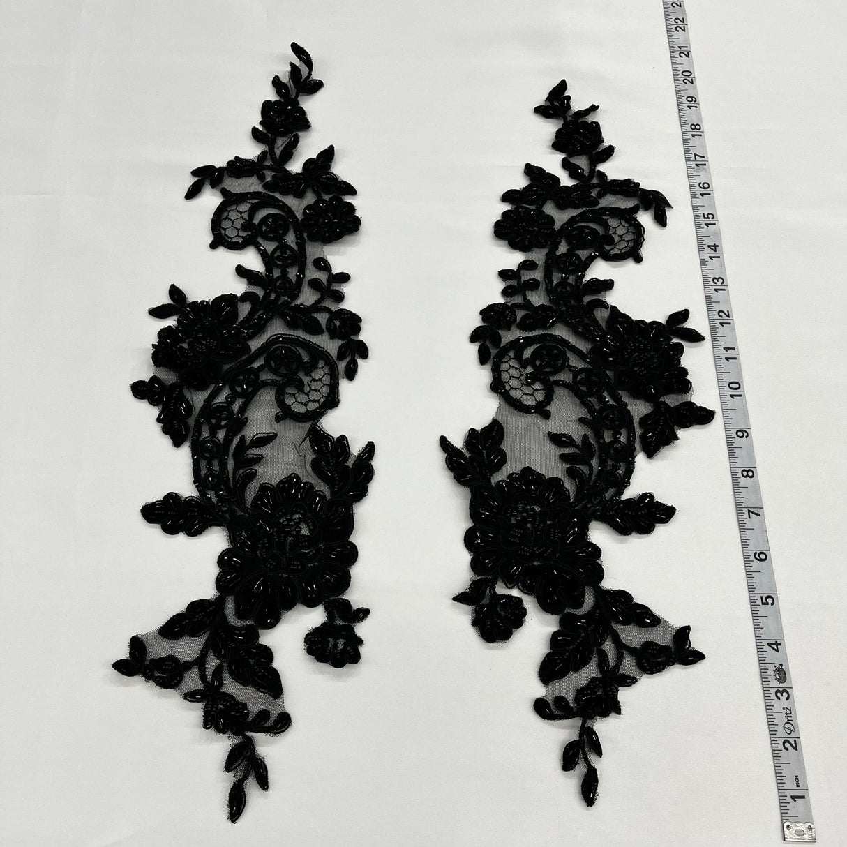 1 Pair 20" x 5.5" Beaded & Corded Floral Lace Applique on 100% Polyester Mesh