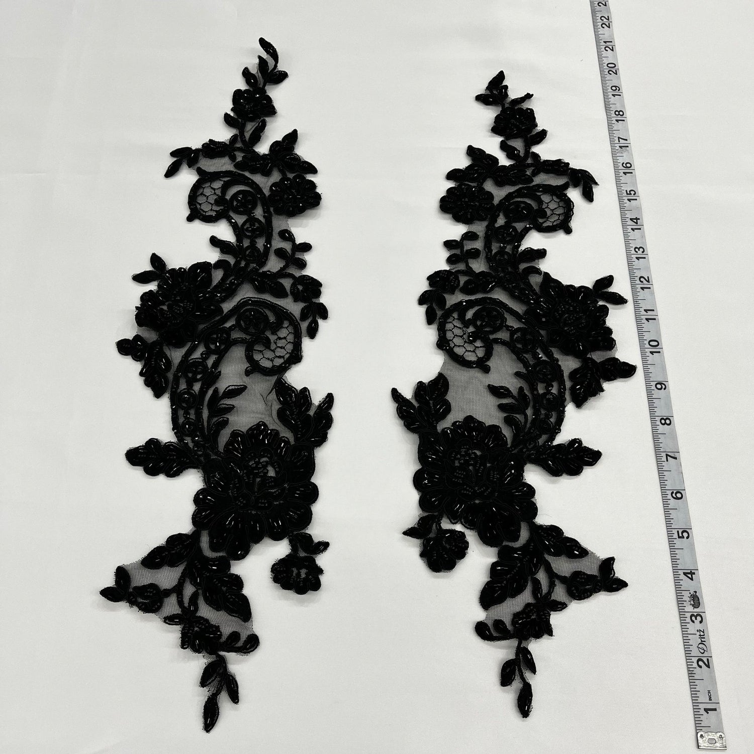 1 Pair 20" x 5.5" Beaded & Corded Floral Lace Applique on 100% Polyester Mesh