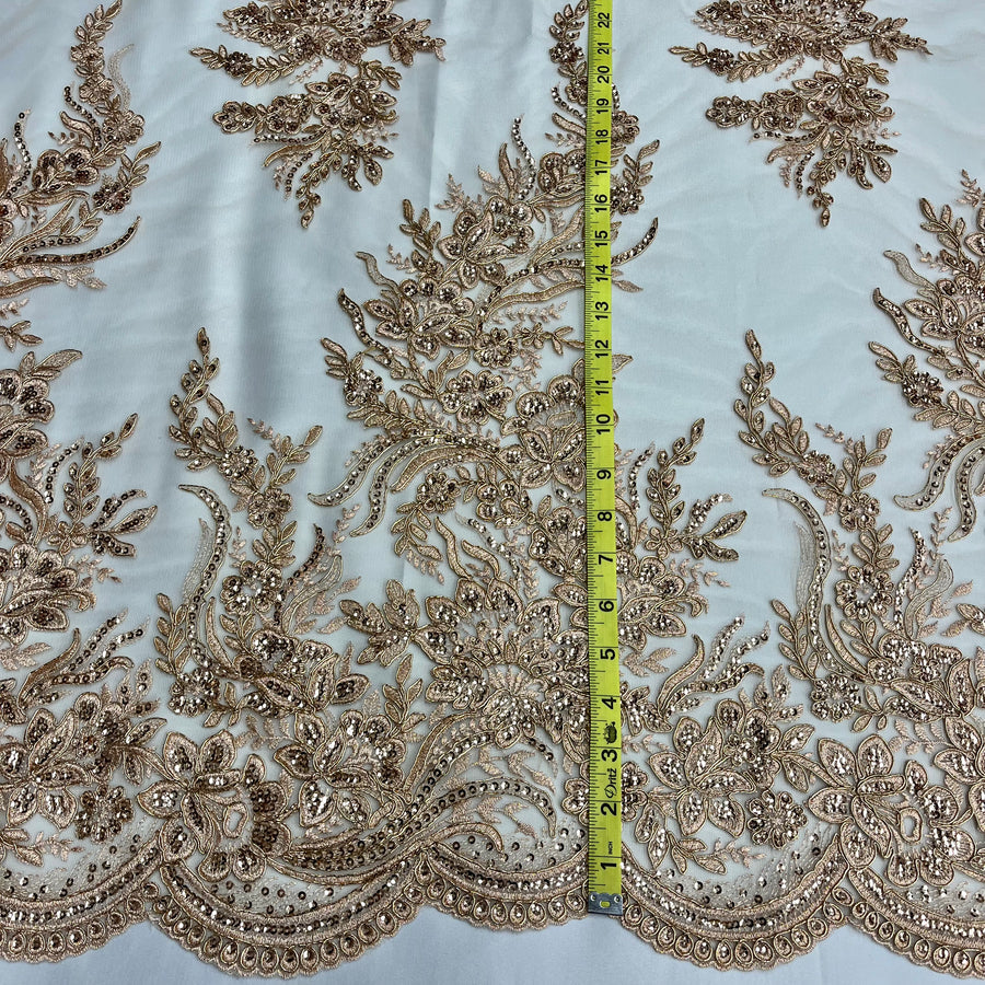 1 Yard Ivory Beaded and Corded Bridal Lace Fabric Embroidered on Polyester Net Mesh 56 Inch Width