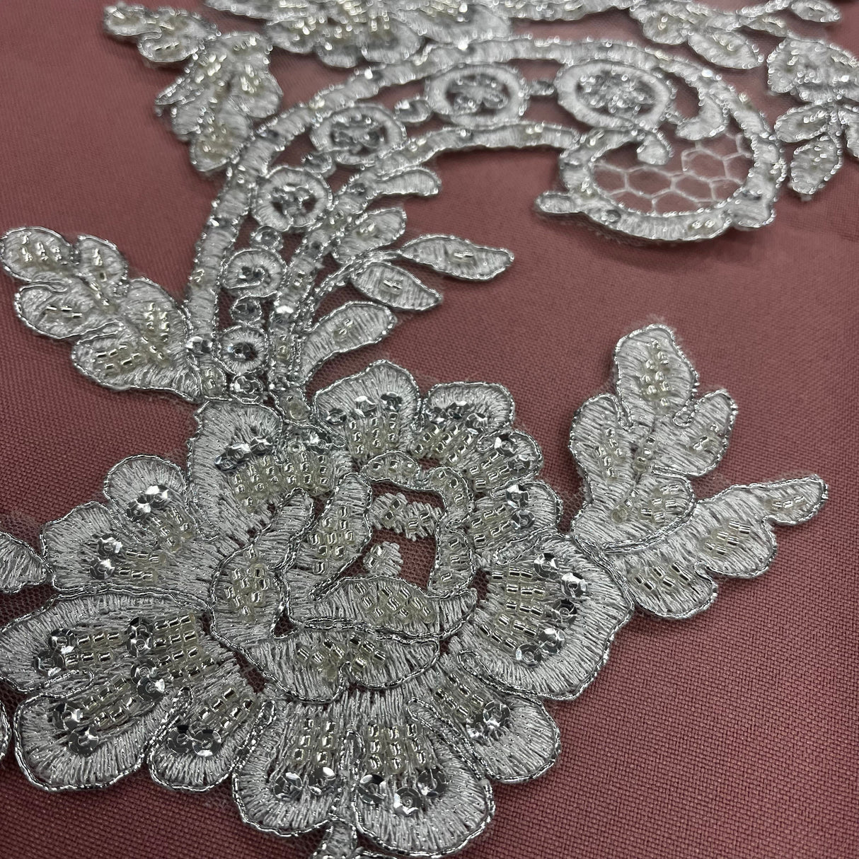 Beaded Corded Floral Lace Applique 20" x 5.5"