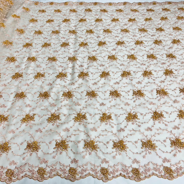 1 Yard Elegant Beaded and Corded Bridal Lace Fabric Embroidered on 100% Polyester Net Mesh White