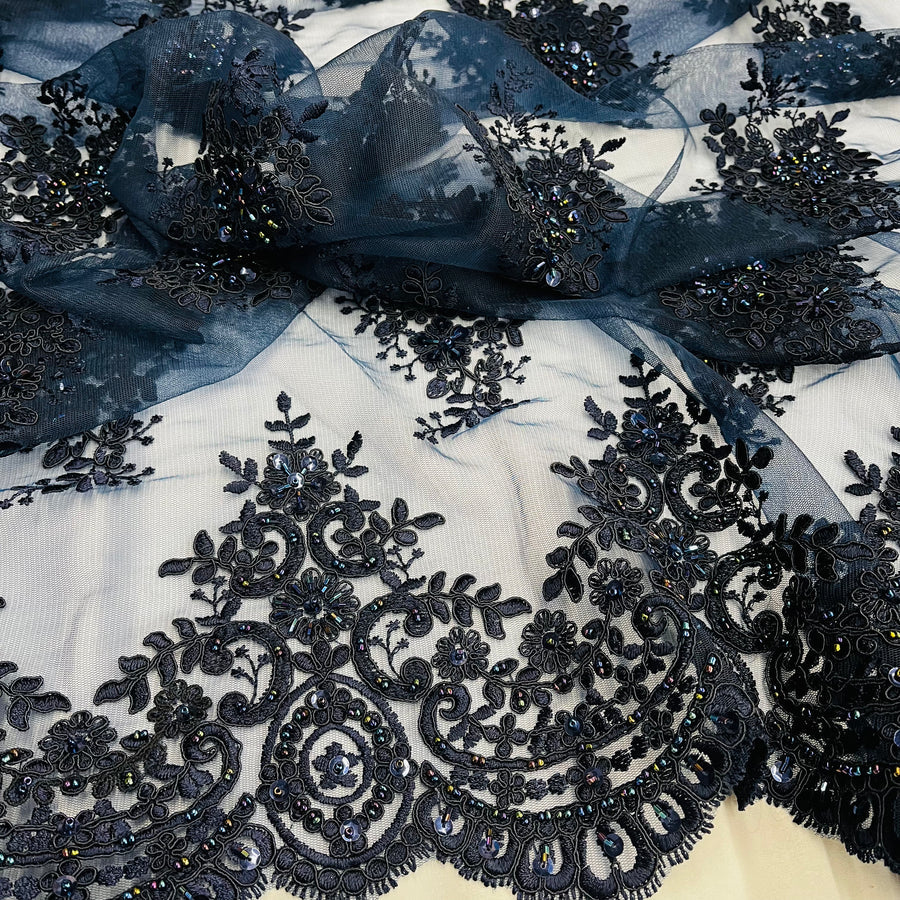 1 Yard Luxury Beaded and Corded Lace Fabric Embroidered on Polyester Net Mesh
