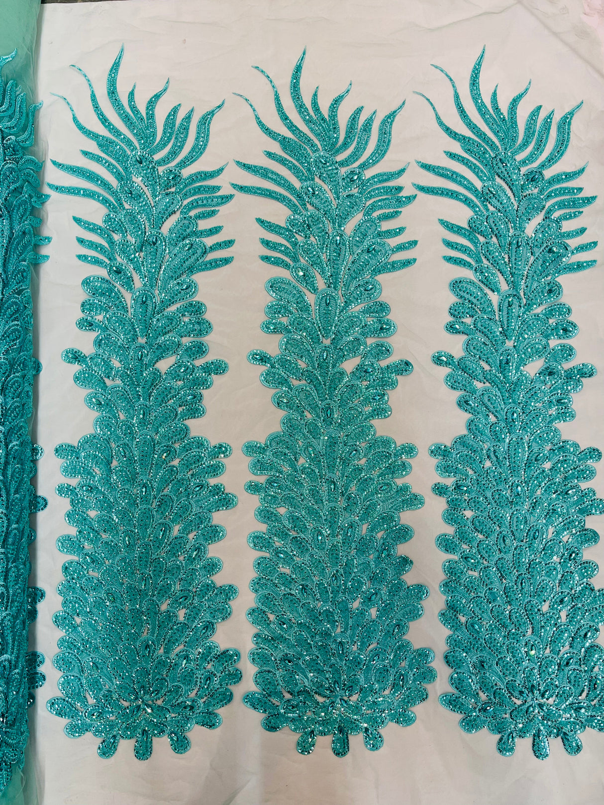 New Vegas Heavy Beaded Feather Design Embroidery Mesh Fabric - Beaded Feather Design, 11" Width, 50" Length (1 Panel)