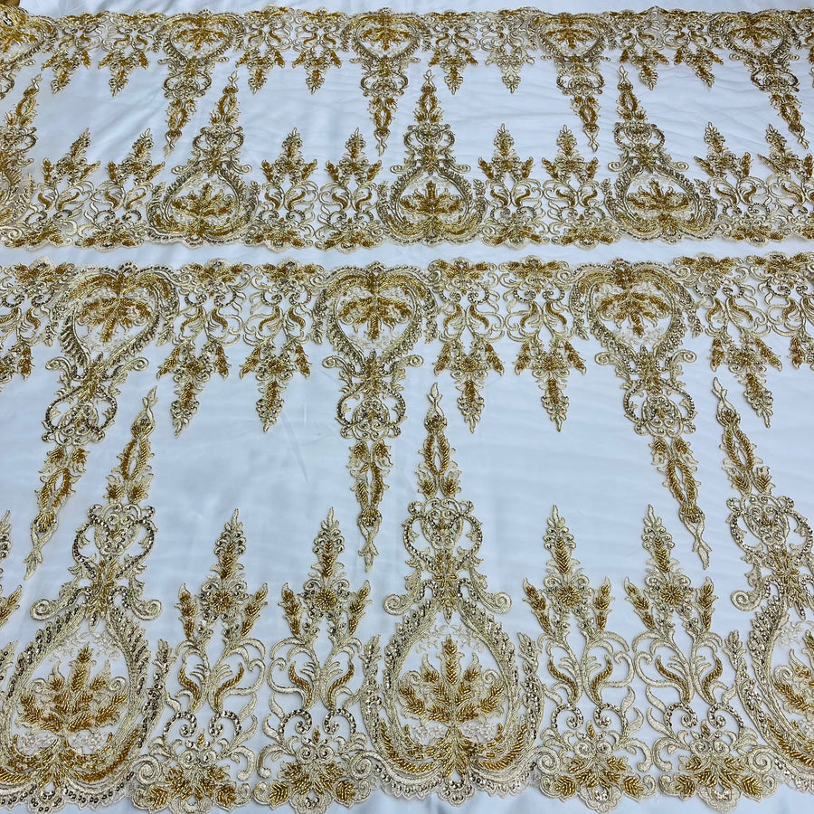 1 Yard Beaded and Corded Bridal Lace Fabric Embroidered on Polyester Net Mesh White Ivory Blush and Gold