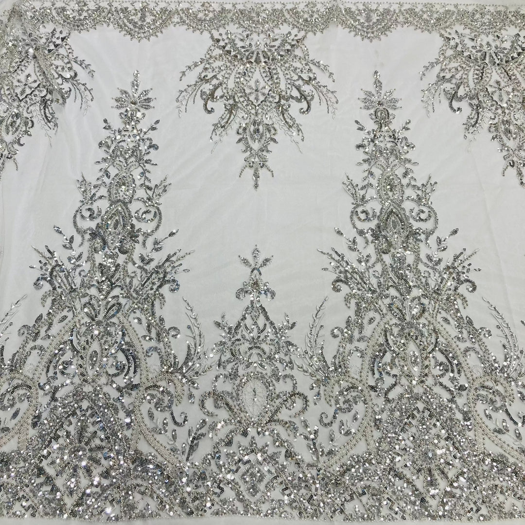 1 Yard Beaded Lace Fabric Embroidered on 100% Polyester Net Mesh, White, Ivory, Gold, and Silver