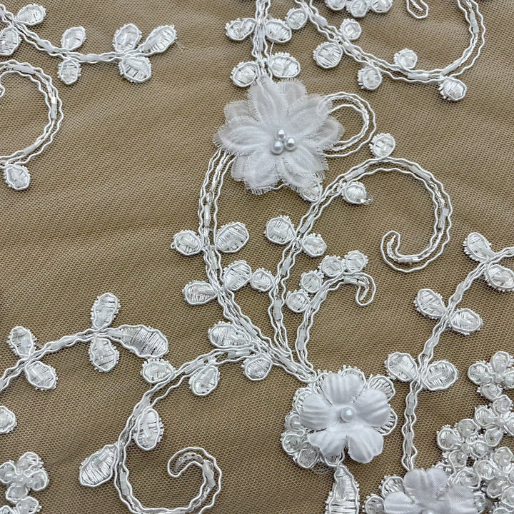 1 Yard Beaded 3D Floral Lace Fabric Embroidered on 100 Percent Polyester Net Mesh White 52 inch Width